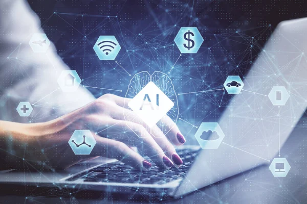Multi Exposure Woman Hands Working Computer Data Theme Hologram Drawing — Stock Photo, Image