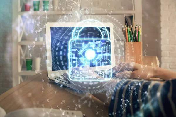 Double Exposure Woman Hands Working Computer Lock Hologram Drawing Security — Stock Photo, Image