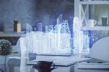 Kasabanın çizimlerine ve ofis iç dekorasyonuna çoklu maruz kalma. Akıllı şehir konsepti.