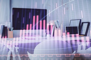 Borsa grafik çizimi ve ofis içi arka planının iki katına çıkarılması. Mali analiz kavramı.