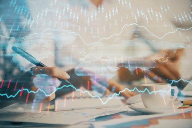 Ön x grafiğinin arka plan notları alan insanların üzerini çizerken çift pozlama. Mali analiz kavramı