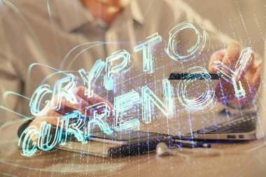 Elinde kredi kartı ve şifreli iş teması çizimi olan bir adamın çift pozu. Dijital engelleme zinciri ve E-ticaret kavramı.