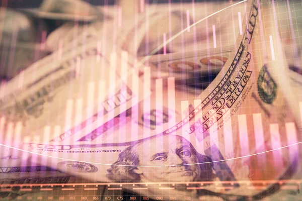 Dubbele Belichting Van Forex Grafiek Tekening Ons Dollar Biljet Achtergrond — Stockfoto