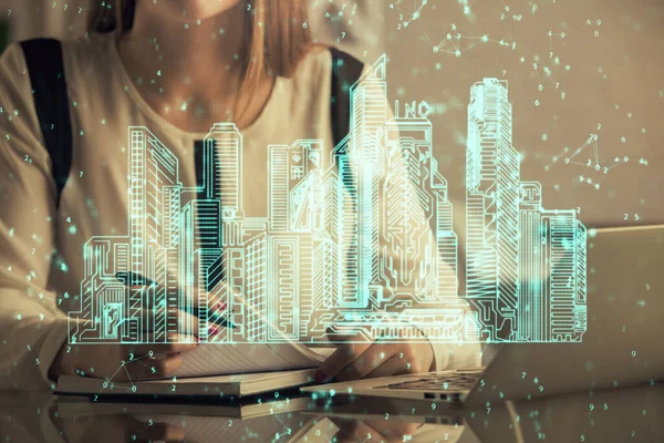 Double Exposure Woman Hands Typing Computer Buildings Drawing Smart City — Stock Photo, Image