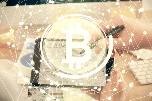 stock image Double exposure of man's hands holding and using a phone and crypto currency blockchain theme drawing.