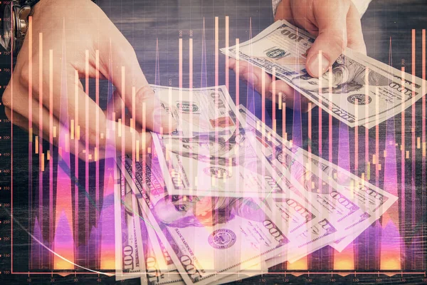 Finansal Grafiğe Çoklu Pozlama Hologram Amerikan Dolarları Insan Eli Analiz — Stok fotoğraf
