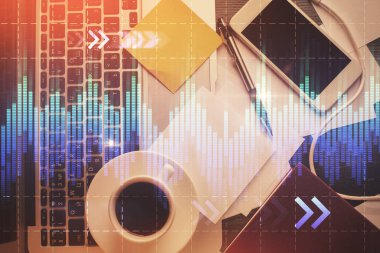 Bilgisayarla arka plan üzerine iki kat mali şema çizimi. Araştırma ve analiz kavramı. Üst görünüm.