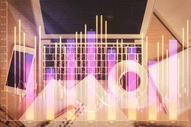 Borsa tablosu ve masa arkasındaki en iyi görüntü bilgisayarı. Çifte maruziyet. Mali analiz kavramı.