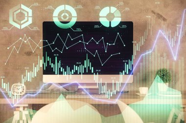 Finansal grafik çizimi ve ofis içi arka planının çoklu pozu. Pazar analizi kavramı.