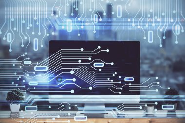 Teknoloji temalı çizim ve bilgisayarlı masa. Çoklu maruz kalma. Bilgi kavramı.