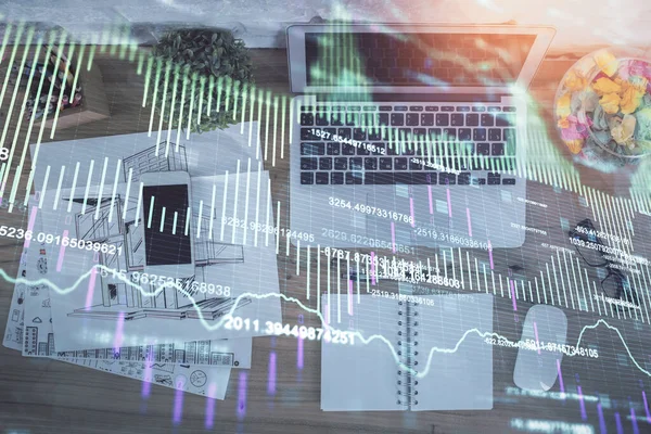 Multi Exposure Financial Chart Drawing Table Background Computer Concept Research — Stock Photo, Image