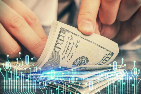 Dupla Exposição Holograma Desenho Tecnologia Notas Dólares Mãos Homem Conceito — Fotografia de Stock
