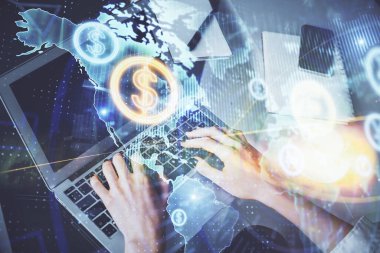 Bilgisayarda ve ön x grafik hologram çiziminde kadın eli yazarken çift pozlama. Borsa yatırım kavramı.