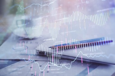 Bilgisayar geçmişi olan eski grafik hologramı. Çifte maruziyet. Finans piyasası kavramı.