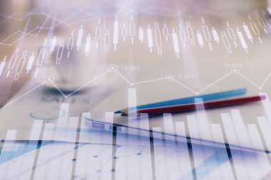 Bilgisayar geçmişi olan eski grafik hologramı. Çifte maruziyet. Finans piyasası kavramı.