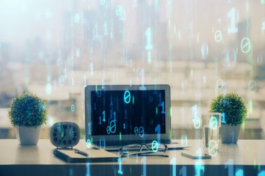 Arkaplanda bilgisayar ve veri teması çizimi olan tablonun çifte pozlandırılması. Yenilik kavramı.