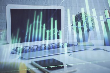 Bilgisayar geçmişi olan eski grafik hologramı. Çoklu maruz kalma. Finans piyasası kavramı.