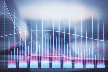 Bilgisayar geçmişi olan eski grafik hologramı. Çoklu maruz kalma. Finans piyasası kavramı.