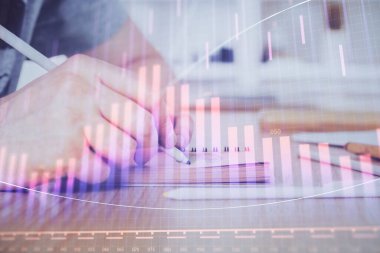 Borsa forex grafiği ile çoklu pozlama closeup eller. Araştırma ve analiz kavramı.