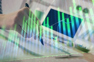 Finansal Forex grafiği el notları arka plan alarak çizilmiş. Araştırma kavramı. Çift Pozlama