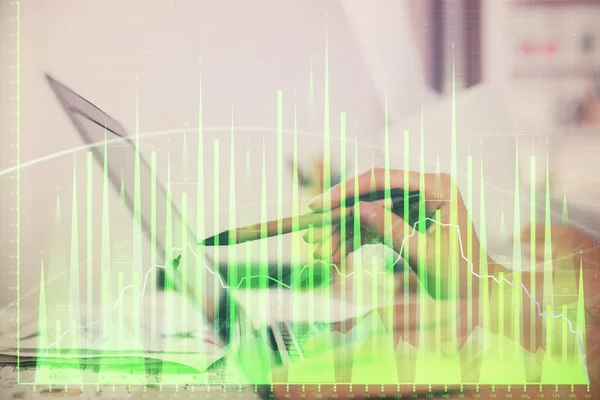 Multi Exposure Woman Hands Typing Computer Financial Graph Hologram Drawing — Stock Photo, Image