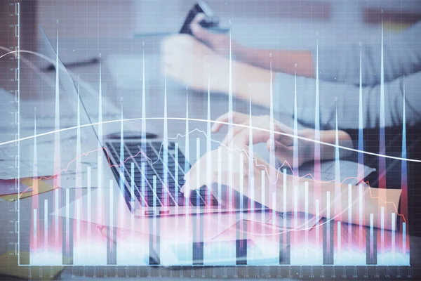Multi Blootstelling Van Vrouw Handen Typen Computer Financiële Kaart Hologram — Stockfoto