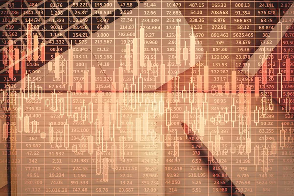 株式市場のチャートと表の背景にあるトップビューコンピュータ 露出を2倍 金融分析の概念 — ストック写真