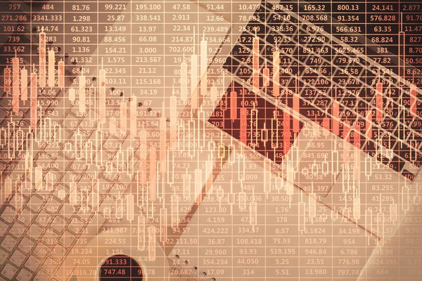 Finanzmarktdiagramm Und Computer Von Oben Auf Dem Desktop Hintergrund Mehrfachbelichtung — Stockfoto