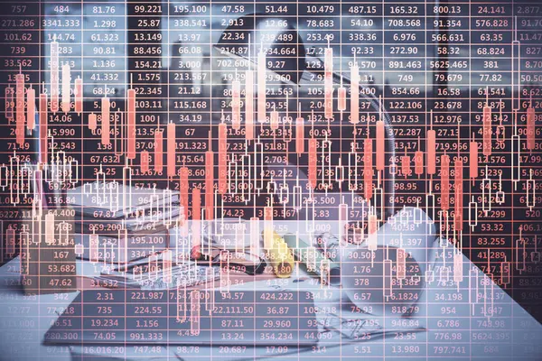 株式市場のグラフ描画とオフィスの内部背景の二重露光 金融分析の概念 — ストック写真