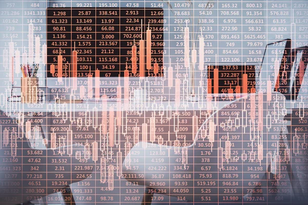 Dubbele Blootstelling Van Aandelenmarkt Grafiek Tekening Kantoor Interieur Achtergrond Begrip — Stockfoto