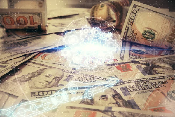 stock image Double exposure of data theme drawing over us dollars bill background. Technology concept.