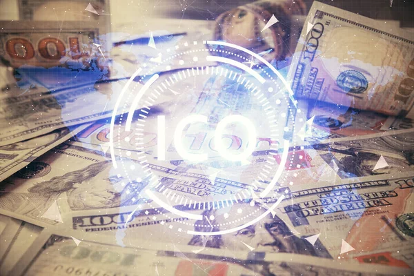 私たちの上に描かれた暗号テーマのマルチ露出ドル紙幣の背景 ブロックチェーンの成功の概念 — ストック写真