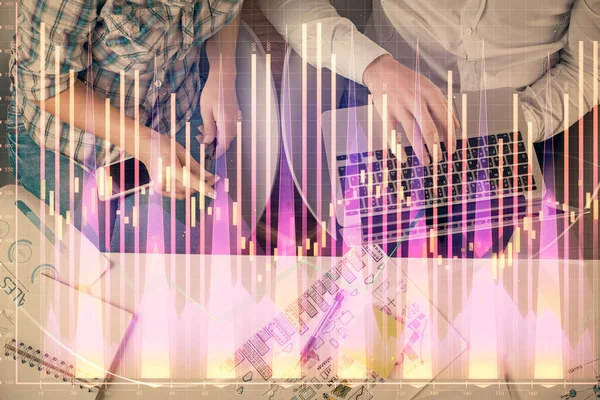 Multi Exposure Man Woman Working Together Forex Graph Hologram Drawing — Stock Photo, Image