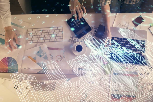 Podwójna Ekspozycja Mężczyzn Kobiet Pracujących Razem Rysowanie Hologramów Budynków Koncepcja — Zdjęcie stockowe