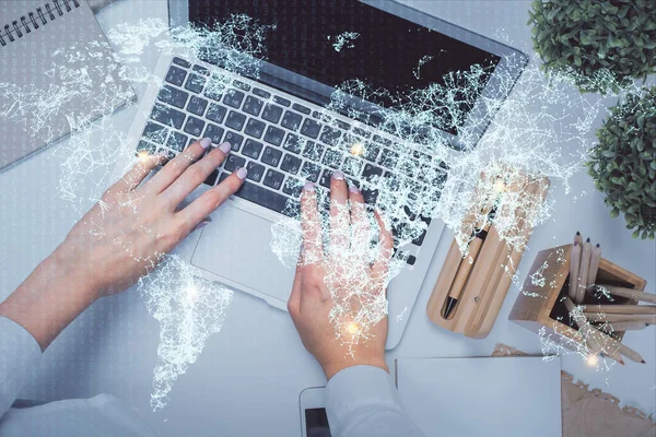 Double Exposure Woman Hands Working Computer Social Network Theme Hologram — Stock Photo, Image