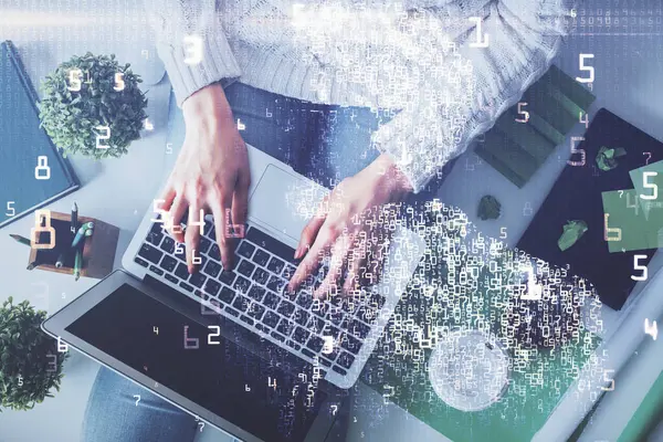 Double Exposure Woman Hands Working Computer Tech Theme Hologram Drawing — Stock Photo, Image