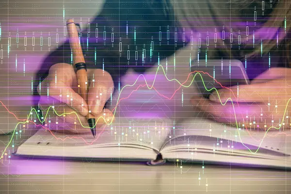 Double Exposure Businesswoman Hands Typing Computer Forex Graph Hologram Drawing — Stock Photo, Image