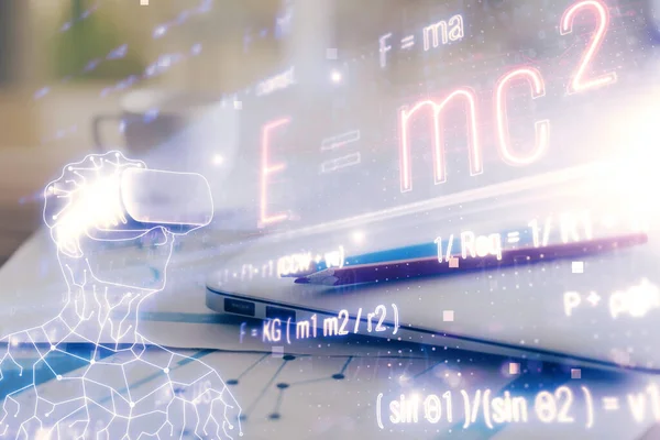 Computadora Escritorio Fondo Fórmula Holograma Escritura Doble Exposición Concepto Educativo — Foto de Stock