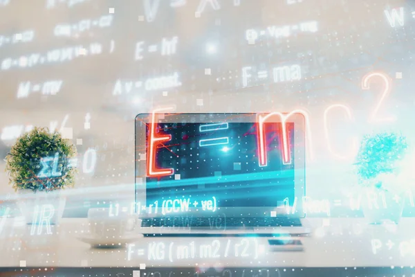 Desktop Computer Background Formula Hologram Writing Double Exposure Education Concept — Stock Photo, Image