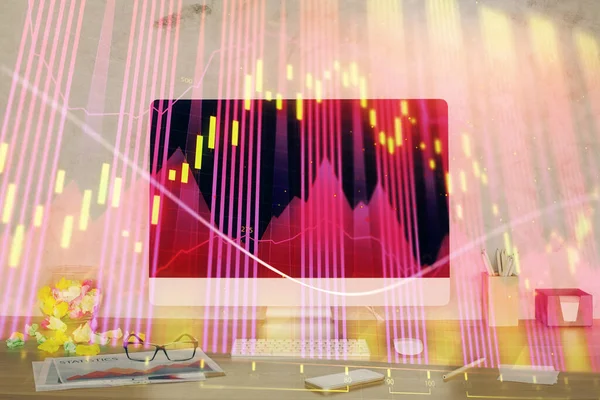 コンピュータの背景とテーブルの上の外国為替グラフのホログラム 露出を2倍 金融市場の概念 — ストック写真