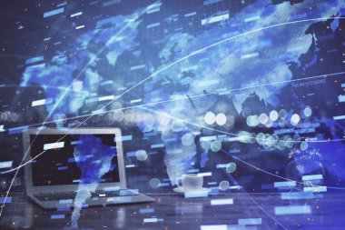 Bilgisayarın arka plan ve teknoloji temalı çizimlerine çoklu maruz kalma. Yenilik kavramı.