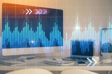 Arka planda eski pazar grafik hologramı ve kişisel bilgisayar var. Çoklu maruz kalma. Yatırım kavramı.