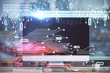 Teknoloji temalı çizim ve bilgisayarla çalışma alanı. Çoklu maruz kalma. Yenilik kavramı.