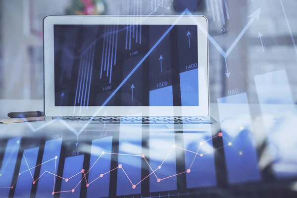 Hologramm Für Den Devisenmarkt Und Personal Computer Hintergrund Mehrfachbelichtung Investitionskonzept — Stockfoto