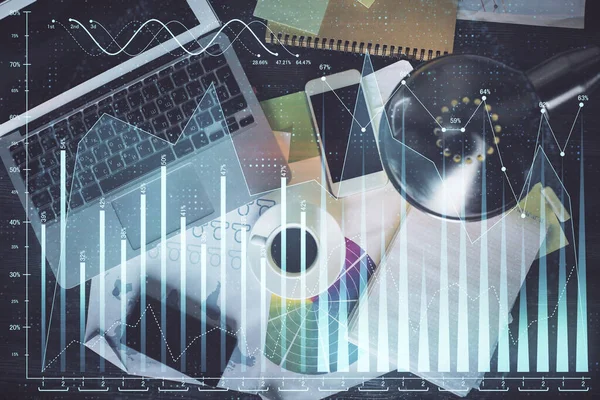 Gráfico Mercado Financeiro Computador Visão Superior Fundo Desktop Exposição Múltipla — Fotografia de Stock