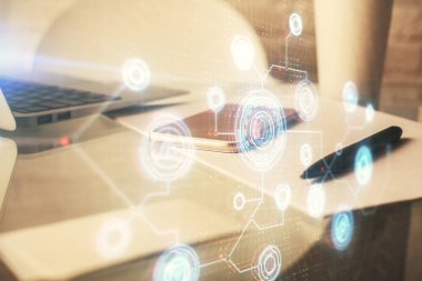 Veri teması çizimi ve cep telefonu arkaplanı çift pozlama. Yenilik kavramı