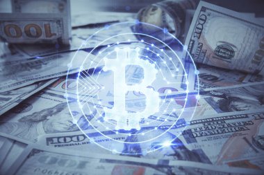 Şifreli temanın çoklu pozu bize dolar banknotları arkaplanı çiziyor. Engelleme zinciri başarısı kavramı.