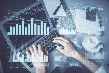 Bilgisayarda ve ön x grafik hologram çiziminde kadın eli yazarken çift pozlama. Borsa yatırım kavramı.