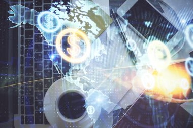 Bilgisayarla arka plan üzerine iki kat mali şema çizimi. Araştırma ve analiz kavramı. Üst görünüm.