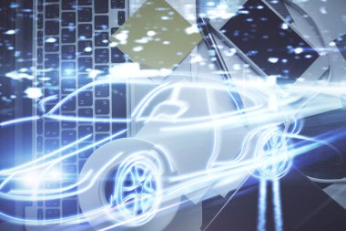 Otomatik pilot hologram masaüstü arka planında bilgisayardan çizim yapıyor. Üst Manzara. Çifte maruziyet. Teknoloji kavramı.